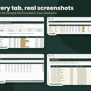 K&ouml;nnte beinhalten: Eine digitale Tabellenkalkulationsvorlage mit vier verschiedenen Ansichten: ein Sinking Funds Dashboard, ein Fonds-Tracking-Blatt, eine Monatsansicht und ein Transaktionsprotokoll. Die Benutzeroberfl&auml;che zeigt Finanzdaten und Tabellen.