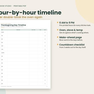 May include: A printable PDF document titled Thanksgiving Day Timeline featuring a grid with columns for time, kitchen task, oven, stove, temp, and done. The page includes a list of hours from 6 AM to 9 PM and checkboxes for tracking tasks.