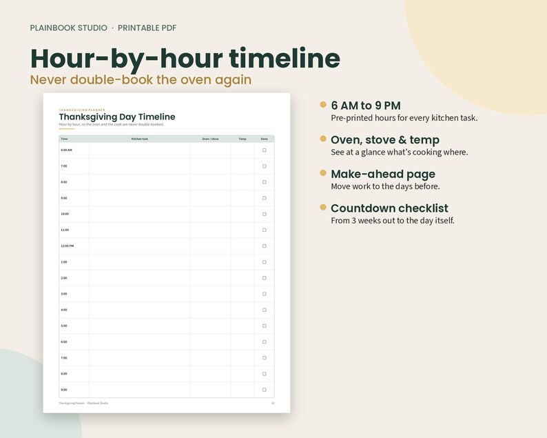 May include: A printable PDF document titled Thanksgiving Day Timeline featuring a grid with columns for time, kitchen task, oven, stove, temp, and done. The page includes a list of hours from 6 AM to 9 PM and checkboxes for tracking tasks.
