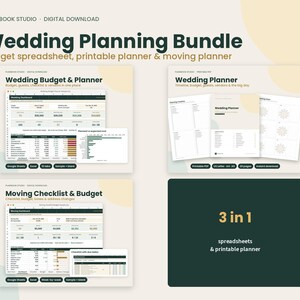 May include: A digital wedding planning bundle featuring a wedding budget and planner spreadsheet, a printable wedding planner, and a moving checklist and budget spreadsheet. The text includes Wedding Planning Bundle, 3 in 1, and various labels.