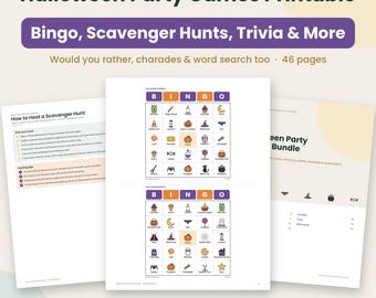 Pacchetto di giochi stampabili per feste di Halloween, 46 pagine, download immediato, bingo, caccia al tesoro, quiz, giochi di Halloween per bambini in formato PDF