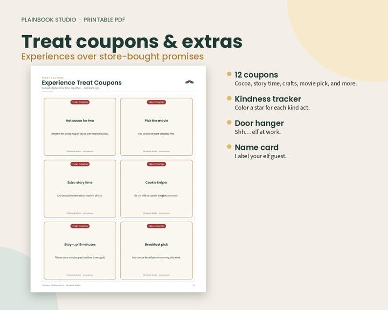 May include: A printable PDF titled Treat coupons & extras from Plainbook Studio. The document features six rectangular experience coupons with dark red borders, including Hot cocoa for two, Pick the movie, Extra story time, and Cookie helper.