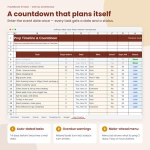 May include: A digital spreadsheet template titled Prep Timeline & Countdown for holiday planning. The table includes columns for tasks, dates, assigned persons, and status. Text includes A countdown that plans itself and Auto-dated tasks.