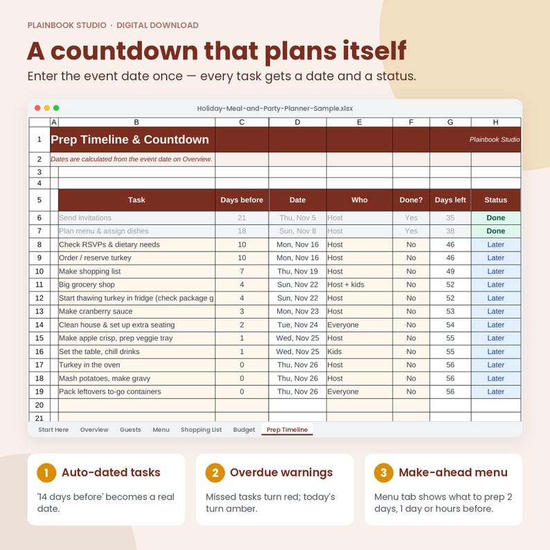 May include: A digital spreadsheet template titled Prep Timeline & Countdown for holiday planning. The table includes columns for tasks, dates, assigned persons, and status. Text includes A countdown that plans itself and Auto-dated tasks.