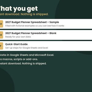 May include: A digital product listing for a 2027 budget planner featuring an XLSX sample file with fictional examples, an XLSX blank file for data entry, and a PDF quick-start guide for Google Sheets and Microsoft Excel setup instructions.