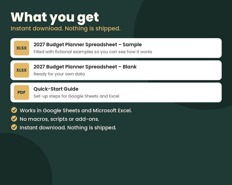 May include: A digital product listing for a 2027 budget planner featuring an XLSX sample file with fictional examples, an XLSX blank file for data entry, and a PDF quick-start guide for Google Sheets and Microsoft Excel setup instructions.