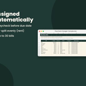 May include: A digital spreadsheet titled Paycheck-Budget-Sample.xlsx displayed on a screen, featuring a table for monthly bills with columns for amount, due date, group, autopay, and payment method, set against a dark green background with text.