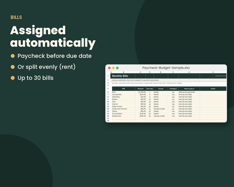 May include: A digital spreadsheet titled Paycheck-Budget-Sample.xlsx displayed on a screen, featuring a table for monthly bills with columns for amount, due date, group, autopay, and payment method, set against a dark green background with text.
