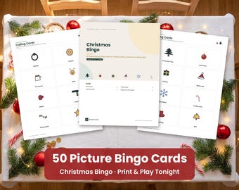 Bingo navideño para fiestas escolares, 50 tarjetas ilustradas para niños y noches de juegos en familia, juego imprimible para fiestas navideñas, descarga instantánea.
