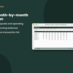 K&ouml;nnte beinhalten: Eine digitale Tabellenkalkulation mit dem Titel Sinking-Funds-Tracker-Sample.xlsx auf einem Bildschirm, die eine monatliche &Uuml;bersichtstabelle mit Zeilen f&uuml;r verschiedene Fonds und Spalten f&uuml;r Monate sowie Text zu Einzahlungen und Ausgaben zeigt.