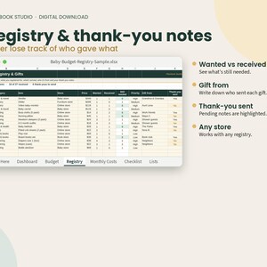 May include: A digital spreadsheet template titled Registry & thank-you notes by Plainbook Studio. The interface displays a Baby-Budget-Registry-Sample.xlsx file with columns for category, item, store, price, wanted, received, still needed, priority, gift from, and thank-you sent.