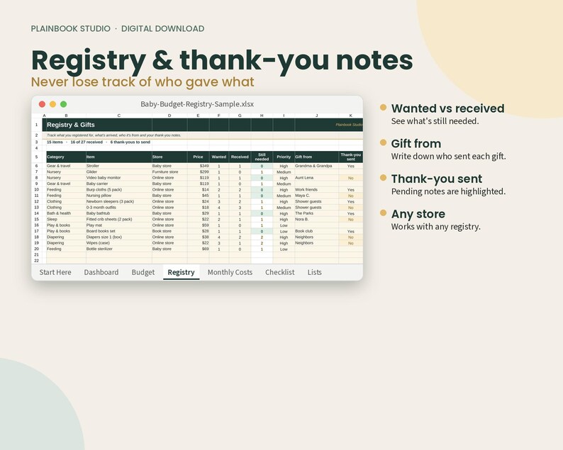 May include: A digital spreadsheet template titled Registry & thank-you notes by Plainbook Studio. The interface displays a Baby-Budget-Registry-Sample.xlsx file with columns for category, item, store, price, wanted, received, still needed, priority, gift from, and thank-you sent.