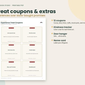 May include: A printable PDF titled Treat coupons & extras from Plainbook Studio. The document features six rectangular experience coupons with dark red borders, including Hot cocoa for two, Pick the movie, Extra story time, and Cookie helper.