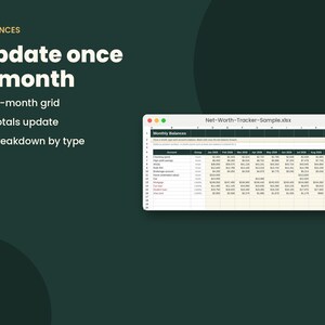 May include: A digital spreadsheet titled Net-Worth-Tracker-Sample.xlsx showing monthly balances with columns for accounts, groups, and dates from January to October 2024. Text includes BALANCES, Update once a month, 12-month grid, Totals update, and Breakdown by type.