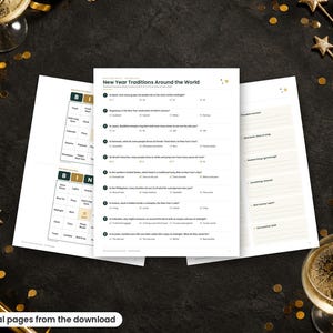 May include: A set of printed New Year's Eve activity sheets including a trivia page titled New Year Traditions Around the World, two bingo cards with green and white grids, and a lined page for recording personal memories and resolutions.