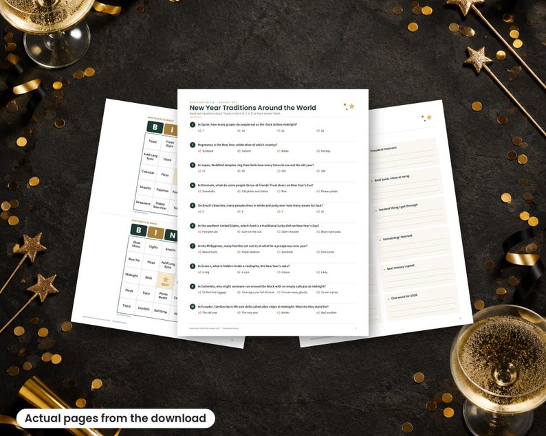May include: A set of printed New Year's Eve activity sheets including a trivia page titled New Year Traditions Around the World, two bingo cards with green and white grids, and a lined page for recording personal memories and resolutions.