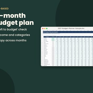 May include: A digital 12-month budget plan spreadsheet displayed on a screen. The text reads ZERO-BASED 12-month budget plan, 'Left to budget' check, Income and categories, and Copy across months. The spreadsheet is titled 2027-Budget-Planner-Sample.xlsx.