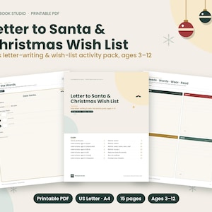 Op de afbeelding: Een printbaar PDF-activiteitenpakket getiteld Letter to Santa & Christmas Wish List, met 15 pagina's voor kinderen van 3-12 jaar. De set bevat een blad om woorden over te trekken, een sjabloon voor een brief aan de Kerstman en een planner.