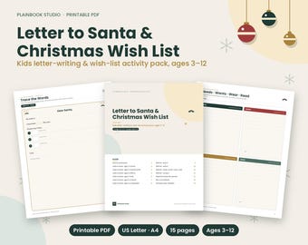 Lettera a Babbo Natale e lista dei desideri natalizi stampabile per bambini, 15 pagine, download immediato, modelli per bambini dai 3 ai 12 anni, certificato di "bravo/a".