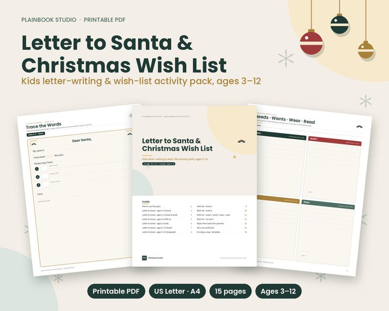 Op de afbeelding: Een printbaar PDF-activiteitenpakket getiteld Letter to Santa & Christmas Wish List, met 15 pagina's voor kinderen van 3-12 jaar. De set bevat een blad om woorden over te trekken, een sjabloon voor een brief aan de Kerstman en een planner.