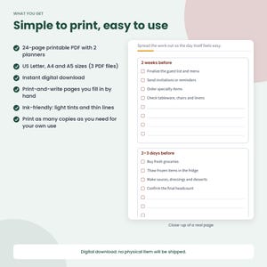 May include: A digital printable planner page featuring two checklists titled 2 weeks before and 2-3 days before. The text includes tasks like finalize the guest list, send invitations, order specialty items, buy fresh groceries, and thaw frozen items.
