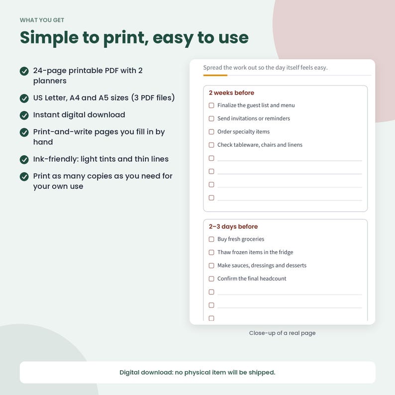 May include: A digital printable planner page featuring two checklists titled 2 weeks before and 2-3 days before. The text includes tasks like finalize the guest list, send invitations, order specialty items, buy fresh groceries, and thaw frozen items.