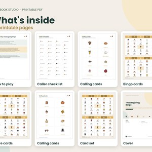 May include: A printable Thanksgiving bingo game set featuring 33 pages including a cover, how to play instructions, a caller checklist, calling cards, and multiple bingo cards with various holiday-themed icons in brown and tan tones.
