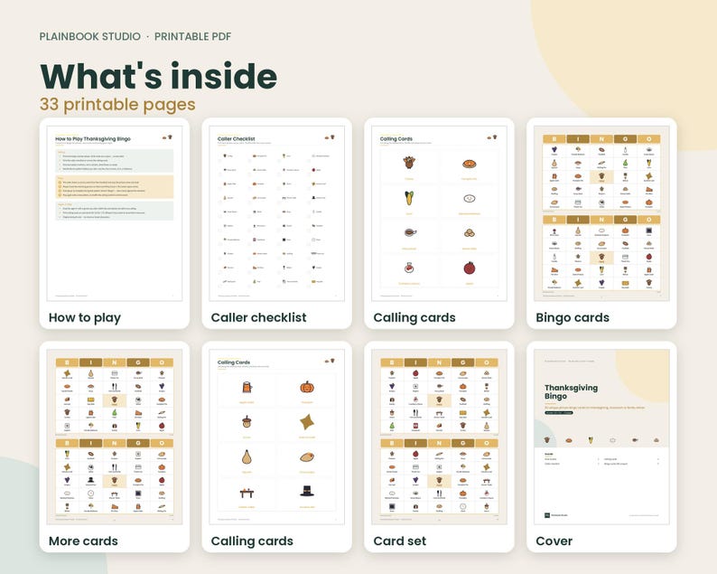 May include: A printable Thanksgiving bingo game set featuring 33 pages including a cover, how to play instructions, a caller checklist, calling cards, and multiple bingo cards with various holiday-themed icons in brown and tan tones.