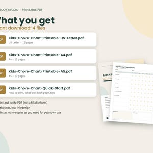 May include: A digital product listing for a printable kids chore chart. The image displays four PDF file names including US Letter, A4, and A5 sizes, alongside a preview of the weekly chore chart document featuring a grid layout for tasks.