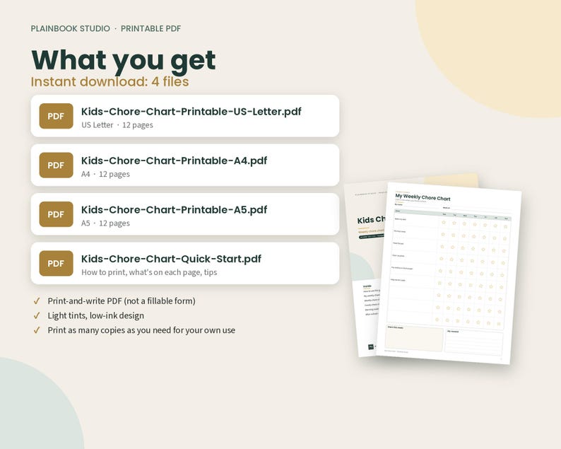 May include: A digital product listing for a printable kids chore chart. The image displays four PDF file names including US Letter, A4, and A5 sizes, alongside a preview of the weekly chore chart document featuring a grid layout for tasks.