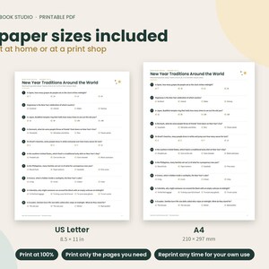 May include: A printable PDF game titled New Year Traditions Around the World featuring multiple-choice questions about global customs. The document is displayed in two formats: US Letter measuring 8.5 by 11 inches and A4 measuring 210 by 297 mm.