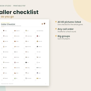 May include: A printable PDF caller checklist for a game, featuring a grid of 40 items with checkboxes. The document is titled Caller Checklist and includes text notes about game rules, call order, and group size for up to 50 players.