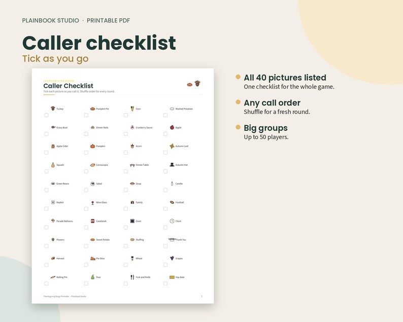 May include: A printable PDF caller checklist for a game, featuring a grid of 40 items with checkboxes. The document is titled Caller Checklist and includes text notes about game rules, call order, and group size for up to 50 players.