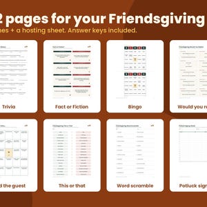 K&ouml;nnte beinhalten: Eine Sammlung von 42 druckbaren Seiten f&uuml;r eine Friendsgiving-Veranstaltung, bestehend aus Spielen und einem Organisationsblatt inklusive L&ouml;sungsschl&uuml;sseln. Das Set enth&auml;lt Trivia, Fakt oder Fiktion, Bingo, W&uuml;rdest du eher, Finde den Gast, Dies oder Das, Wortsalat und eine Potluck-Anmeldeliste.