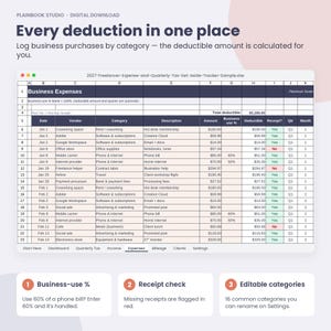 May include: A digital spreadsheet template titled 2027-Freelancer-Expense-and-Quarterly-Tax-Set-Aside-Tracker-Sample.xlsx. The table displays columns for date, vendor, category, description, amount, business use percentage, deductible, receipt, quarter, and month.
