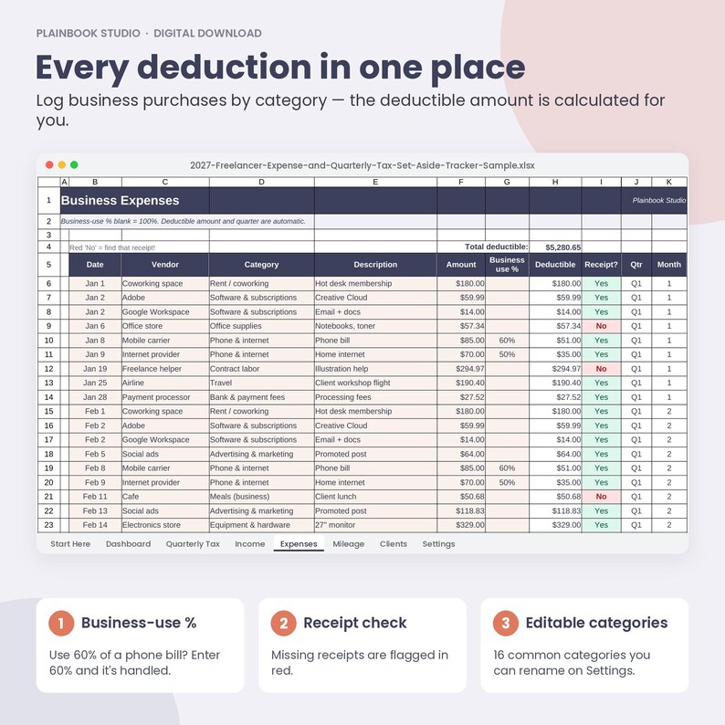 May include: A digital spreadsheet template titled 2027-Freelancer-Expense-and-Quarterly-Tax-Set-Aside-Tracker-Sample.xlsx. The table displays columns for date, vendor, category, description, amount, business use percentage, deductible, receipt, quarter, and month.