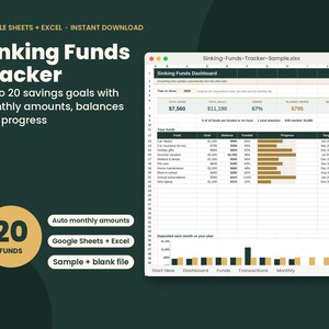 K&ouml;nnte beinhalten: Eine digitale Sinking Funds Tracker-Tabelle f&uuml;r Google Sheets und Excel mit einem Dashboard, das eine Liste von 20 Sparzielen, Fortschrittsbalken und ein Balkendiagramm f&uuml;r monatliche Einzahlungen im Vergleich zu geplanten Betr&auml;gen zeigt.