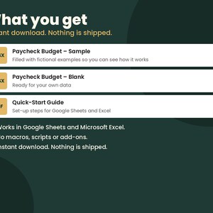 May include: A digital product listing titled What you get, featuring a Paycheck Budget Sample in XLSX, a Paycheck Budget Blank in XLSX, and a PDF Quick-Start Guide. It notes compatibility with Google Sheets and Microsoft Excel without macros.