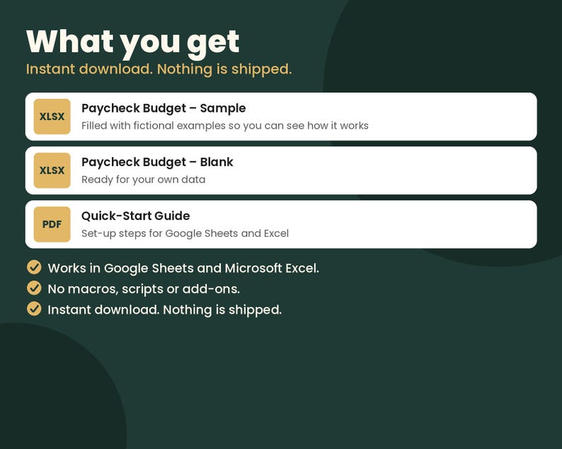 May include: A digital product listing titled What you get, featuring a Paycheck Budget Sample in XLSX, a Paycheck Budget Blank in XLSX, and a PDF Quick-Start Guide. It notes compatibility with Google Sheets and Microsoft Excel without macros.