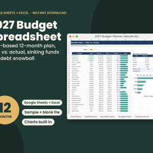May include: A 2027 budget spreadsheet digital template for Google Sheets and Excel. The interface displays a monthly view with columns for category, type, planned, actual, and variance, alongside a summary table and a bar chart visualization.