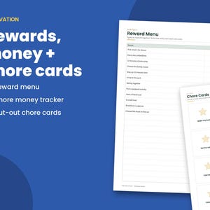 May include: A printable reward menu and chore cards set featuring a Reward Menu sheet with a list of activities and a Chore Cards sheet with individual tasks marked by star icons. The text includes Motivation, Rewards, money + chore cards.