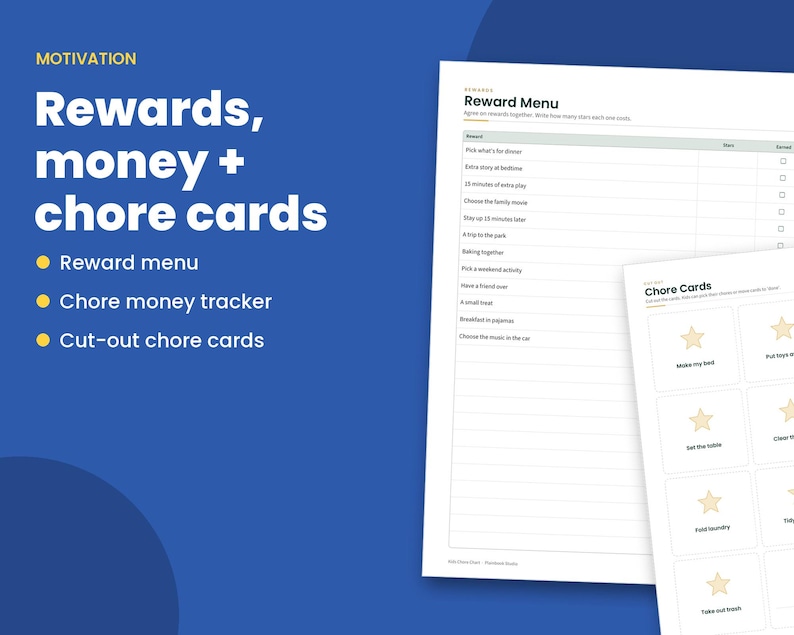 May include: A printable reward menu and chore cards set featuring a Reward Menu sheet with a list of activities and a Chore Cards sheet with individual tasks marked by star icons. The text includes Motivation, Rewards, money + chore cards.