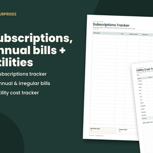 May include: A white paper Subscriptions Tracker and Utility Cost Tracker with black text and grid lines. The Subscriptions Tracker includes columns for subscription, cost, frequency, renewal date, payment method, and checkboxes for tracking payments.