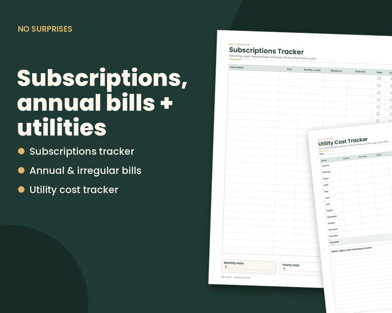 May include: A white paper Subscriptions Tracker and Utility Cost Tracker with black text and grid lines. The Subscriptions Tracker includes columns for subscription, cost, frequency, renewal date, payment method, and checkboxes for tracking payments.