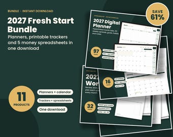 Pacchetto "Nuovo Inizio 2027", download immediato, agenda digitale, calendario stampabile, quaderno per gli obiettivi, fogli di calcolo per il budget, piano di rimborso dei debiti.