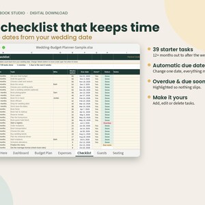 May include: A digital wedding budget planner spreadsheet titled Wedding-Budget-Planner-Sample.xlsx. The interface displays a checklist with columns for tasks, who, weeks before, due date, status, and notes, featuring 39 starter tasks and automated dates.