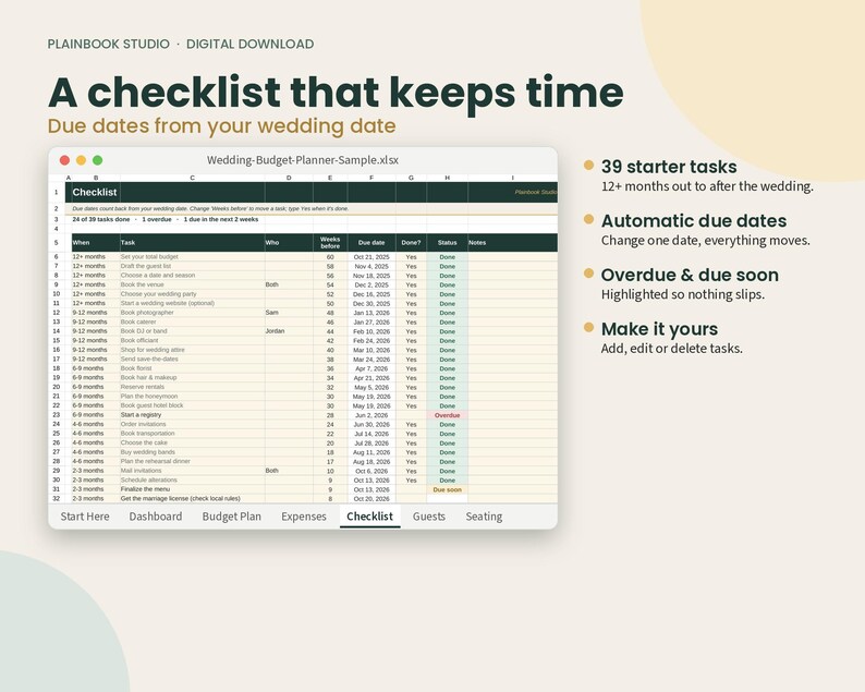 May include: A digital wedding budget planner spreadsheet titled Wedding-Budget-Planner-Sample.xlsx. The interface displays a checklist with columns for tasks, who, weeks before, due date, status, and notes, featuring 39 starter tasks and automated dates.