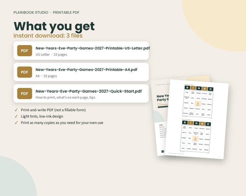 May include: A digital download set of New Year's Eve party games for 2027, including three PDF files in US Letter and A4 formats. The documents feature a bingo game with a light-ink design, providing thirty-three pages of printable content.