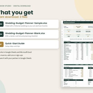 May include: A digital wedding budget planner set including three files: Wedding-Budget-Planner-Sample.xlsx, Wedding-Budget-Planner-Blank.xlsx, and a PDF Quick-Start Guide. The dashboard displays budget categories, payment tracking, and guest meal counts.
