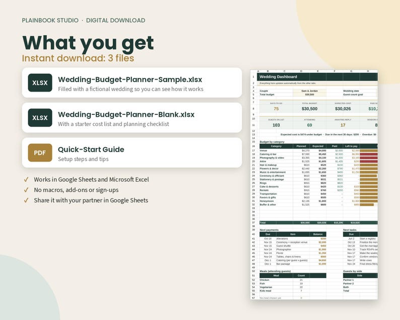 May include: A digital wedding budget planner set including three files: Wedding-Budget-Planner-Sample.xlsx, Wedding-Budget-Planner-Blank.xlsx, and a PDF Quick-Start Guide. The dashboard displays budget categories, payment tracking, and guest meal counts.